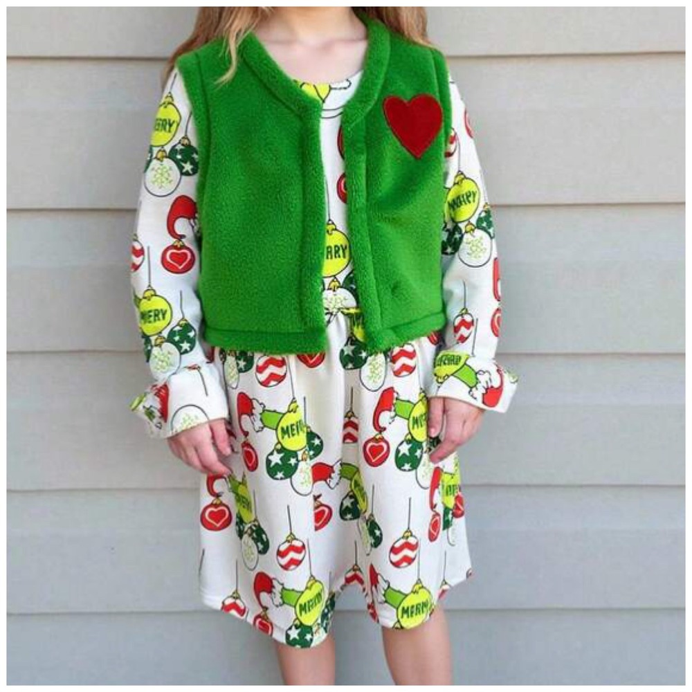 Girl's Festive Christmas Green Fluffy Vest Ornaments White Dress Size 4Y Used